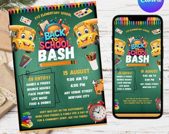 Back To School Bash Party Invitation, Party Invitation, End of Summer Party, Back To School, Editable School Event Invite, Canva Editable