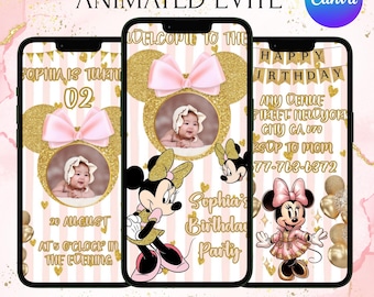 Invitación en video de cumpleaños de Minnie Mouse, invitación digital de Minnie Mouse, cumpleaños de Mickey Mouse, invitación animada de primer cumpleaños de Evite, Canva editable
