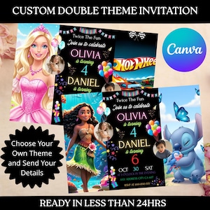 May include: Custom double theme invitation featuring Barbie, Hot Wheels, Moana, and Stitch. The invitations include the text "Twice The Fun" and "Join us to celebrate Olivia is turning 4, Daniel is turning 4 or 6". The invitations are ready in less than 24 hours.