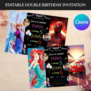 Può includere: Una collezione di inviti di compleanno colorati con personaggi popolari come Elsa, Anna, Ariel, Spider-Man e Lightning McQueen. Ogni invito include il testo "Twice The Fun" e dettagli personalizzabili per i compleanni di Emma e John.