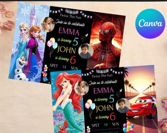 Invitación de cumpleaños editable para hermanos, invitación de cumpleaños doble, invitación para gemelos, invitación doble para niño y niña, invitación de cumpleaños, plantilla de Canva