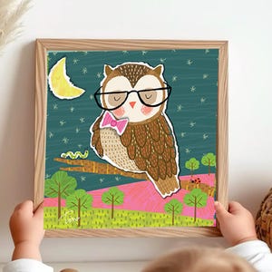 Cute owl art print, whimsical owl nursery art, woodland animal art for baby room, baby shower gift, cute owl with glasses, Night owl art