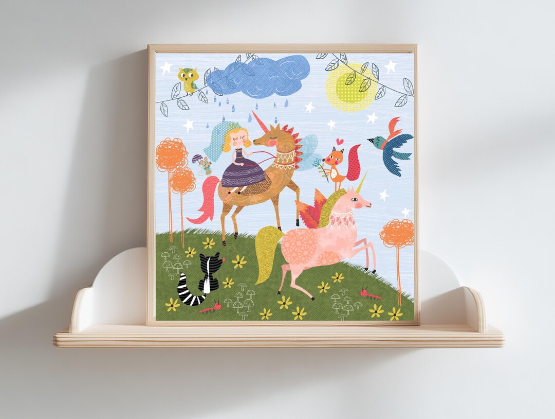 Princess Riding a Unicorn Art Print | Fairytale Girls Room Decor ...