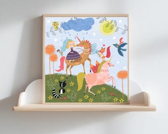 Princess and Unicorn Girls Room Art Print |  Fairytale Nursery Decor | Fantasy Poster for girls