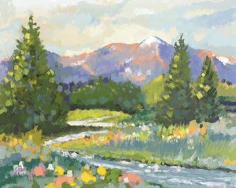 May include: An impressionistic painting of a landscape featuring a winding river flowing through a meadow with colourful wildflowers, surrounded by tall green pine trees, with a large, snow-capped mountain range in the background under a cloudy sky.