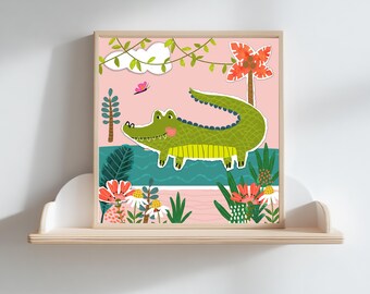 Lächelnder Alligator Kinderzimmer Kunstdruck | Verspieltes Dschungel Tier Dekor