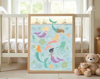 Whimsical Mermaid Nursery Art | Under the Sea Ocean Print for Girls Room