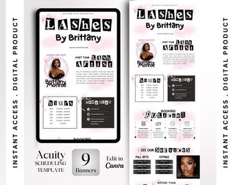 May include: Nine pink and black banners for a lash artist's website. The banners feature the text "Lashes by Brittany", "Meet Your Lash Artist", "Hours", "Consultations", "Booking Policies", "See Our Services", "Full Sets", "Extras", and "Before Your Appointment".