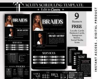 May include: A black and white digital product template for a hair braiding business. The template includes banners, loyalty cards, business cards, Instagram stories, social media icons, and more. The text on the template says "Braids" and "Edit in Canva".