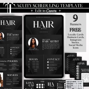 Minimalist Acuity Website Template Hair Tech black Acuity Scheduling Template Acuity Template Hair Booking Template Banner DIY Canva Template resell acuity website canva templates website template business card loyalty card editable template canva