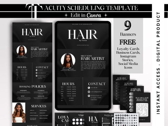 Minimalistic Acuity Scheduling Template Hair Stylist Acuity Website Hair Booking Acuity DIY Canva Template Hair Acuity Banner Black Acuity