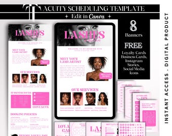 May include: Digital template for a lash artist's booking site, featuring a tablet and printed materials. The design is in black and white with pink accents, including the text "Lashes" and "Meet Your Lash Artist."