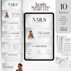 May include: Digital template for nail salon scheduling, featuring 10 banners, free Instagram stories, and a loyalty card. The design is clean and modern, with the text "NAILS" and "Edit in Canva".