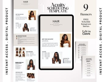 Puede incluir: Plantilla digital para un salón de belleza, con una tableta que muestra información del salón, detalles de citas y plantillas de historias de Instagram. Incluye el texto "HAIR" y "Acuity Scheduling Template".