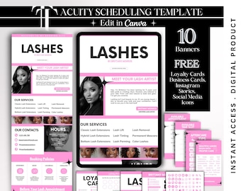May include: Digital template for lash artists, featuring a pink and black design. Includes templates for scheduling, loyalty cards, business cards, and social media content. The word "Lashes" is prominently displayed.