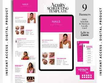 May include: Digital product template for nail salon scheduling, featuring a pink and white design. Includes a digital product with 9 banners, free Instagram stories, and a loyalty card. The template is editable in Canva.