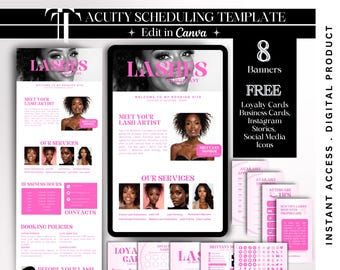 May include: Digital template for a lash artist's booking site, featuring a tablet display with pink and white design elements. Includes banners, loyalty cards, business cards, Instagram stories, and social media icons. The text says "Lashes" and "Meet Your Lash Artist."
