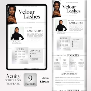 Könnte beinhalten: Eine schwarz-weiße digitale Marketingvorlage für eine Wimpernstylistin. Die Vorlage zeigt ein Foto einer Frau mit langen Wimpern, den Text "Velour Lashes" und Informationen zur Terminbuchung, Öffnungszeiten und Kontaktinformationen.