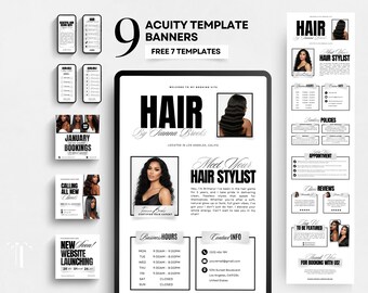 Hair Acuityテンプレート、ヘアスタイリストスケジュールサイト、Hair Acuity Canvaテンプレート、Acuityヘア予約サイトデザインアイデア、AcuityウェブサイトテンプレートDIY