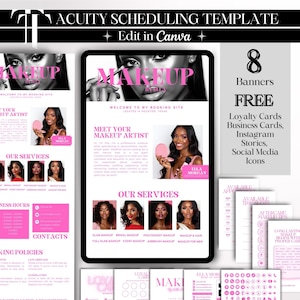 May include: Digital makeup scheduling template in pink and black. The template includes a website layout, business cards, and social media icons. Text includes "Makeup" and "Meet Your Makeup Artist."