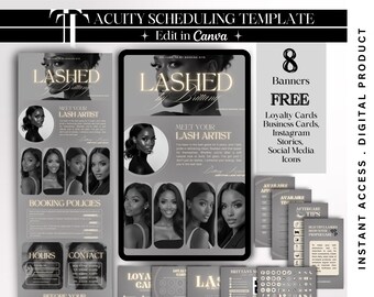 May include: Digital product template for lash artists, featuring a promotional banner, booking policies, and social media icons. The design includes the text "Lashed Brittany" and "Edit in Canva."
