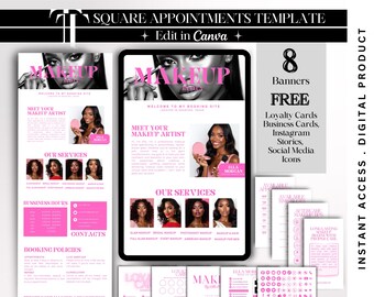 May include: Digital makeup appointment template with a black and white design and pink accents. The template includes banners, loyalty cards, business cards, Instagram stories, and social media icons. The text includes "Makeup" and "Edit in Canva."