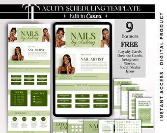 May include: Digital nail salon template with a green and white design. The template includes banners, loyalty cards, business cards, Instagram stories, and social media icons. The text reads "NAILS by Aubrey" and "Edit in Canva."