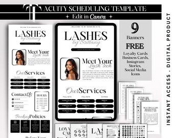 May include: Digital template for a lash business, featuring a black and white design. Includes a flyer, tablet display, and additional marketing materials. Text includes "Lashes by Brittany" and "Meet Your Lash Tech."