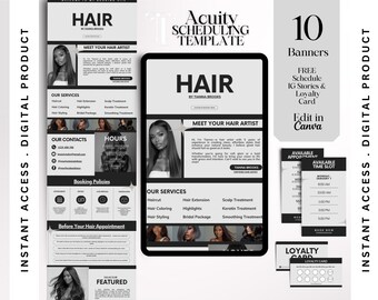 May include: Digital product template for hair services, featuring a black and white design. Includes a scheduling template, banners, and a loyalty card. The template is editable in Canva and offers instant access.