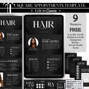 Puede incluir: Una plantilla digital para citas de peluquería, con un diseño elegante en blanco y negro. La plantilla incluye banners, tarjetas de fidelidad, tarjetas de visita, historias de Instagram e iconos de redes sociales. El texto incluye "HAIR" y "Edit in Canva".