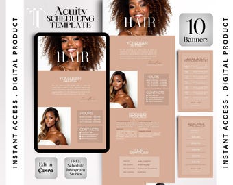 Puede incluir: Plantilla de producto digital para estilistas capilares. El diseño presenta una tableta con una plantilla de programación de salón de belleza, con la palabra "HAIR" en letras grandes. Se incluyen banners adicionales, con el texto "10 Banners". La plantilla incluye el texto "Edit in Canva".