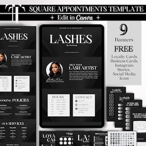 Puede incluir: Una plantilla digital para citas de pestañas, con un tema oscuro. El diseño incluye el texto "Lashes" y "Edit in Canva". Ofrece banners, tarjetas de fidelidad, tarjetas de visita, historias de Instagram e iconos de redes sociales.