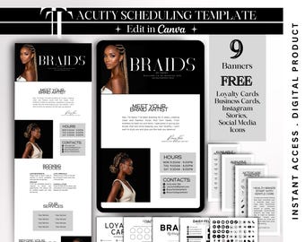 May include: Digital template for Acuity Scheduling, featuring a black and white design with the word "BRAIDS" prominently displayed. Includes banners, loyalty cards, business cards, Instagram stories, and social media icons.