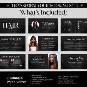 black Acuity Scheduling Template Hair Tech Website Template Acuity Site Template Hairs Canva Schedule Acuity Template Hair Acuity Booking Page booking site business card loyalty card diy template appointment book salon business canva booking site