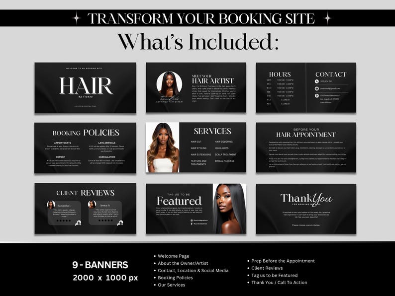 black Acuity Scheduling Template Hair Tech Website Template Acuity Site Template Hairs Canva Schedule Acuity Template Hair Acuity Booking Page booking site business card loyalty card diy template appointment book salon business canva booking site
