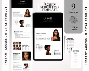 May include: Digital product template for lash artists. The design includes a black and white layout with the text "Lashes" and "Acuity Scheduling Template". It features images of a woman and includes booking policies and appointment information.