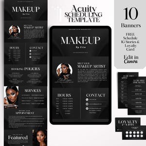 Peut inclure: Modèle numérique pour maquilleuse, design noir et blanc. Comprend des bannières, des modèles d'horaires et une carte de fidélité. Le texte comprend "Makeup by Ella", "Meet Your Makeup Artist", et "Edit in Canva".