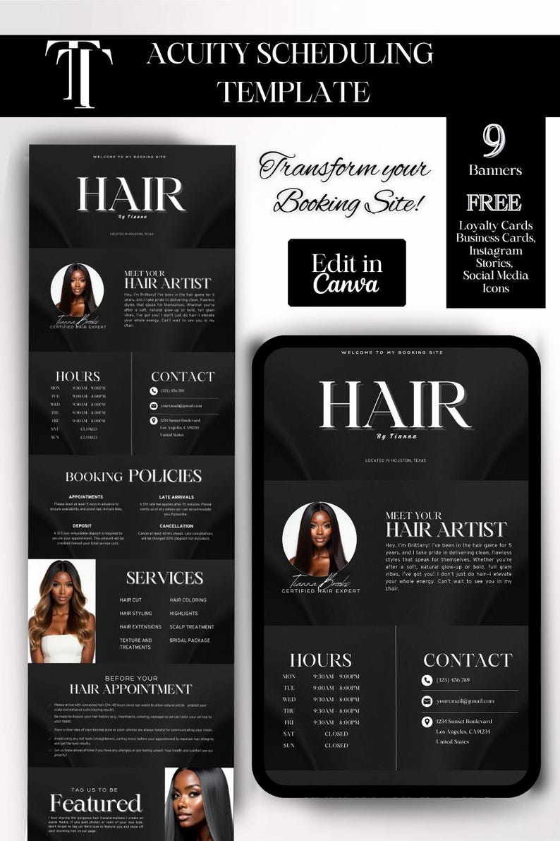 acuity scheduling template hair hair tech canva acuity template hairstylist booking website scheduling website salon schedule salon planner hair flyer hair website hair booking site hair instagram post hairstylist template braider wig install