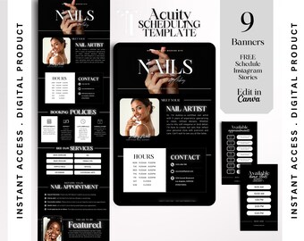 May include: Digital nail salon scheduling template in black and white. Includes 9 banners, free Instagram stories, and the ability to edit in Canva. Features nail artist information, hours, contact details, and booking policies.