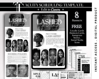 May include: A digital product template for lash artists, featuring a black and white design. The template includes banners, loyalty cards, business cards, Instagram stories, and social media icons. The text includes "Lashed by Brittany" and "Meet Your Lash Artist".