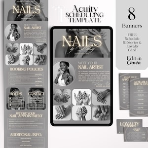 Peut inclure: Modèle numérique pour les artistes ongulaires, avec un design épuré avec le texte "NAILS" et "Meet Your Nail Artist". Comprend des bannières, des stories Instagram gratuites, une carte de fidélité et des informations de planification. Modifier dans Canva.