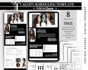 May include: A black and white digital template for a hair artist, featuring a tablet and printed materials. The template includes banners, loyalty cards, business cards, Instagram stories, and social media icons. The text includes "Meet your Hair Artist" and "Edit in Canva."