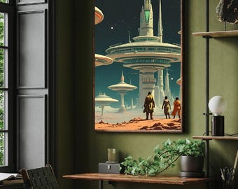 Retro Sci-Fi Cityscape Art Print, Futuristic Home Decor (Digital Download)
