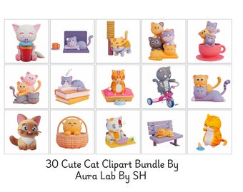 Pacchetto di 30 clipart di gatti / Illustrazioni di adorabili gattini (download digitale)