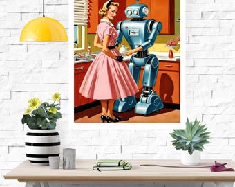 Stampa di robot fantascientifici retrò, arte da cucina moderna di metà secolo (download digitale)