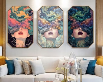 Set di 3 stampe artistiche da parete "Donna surreale" / Decorazione mistica e fantasy per la camera da letto / Poster boho colorato / Download digitale / Stampa artistica trittico AURA