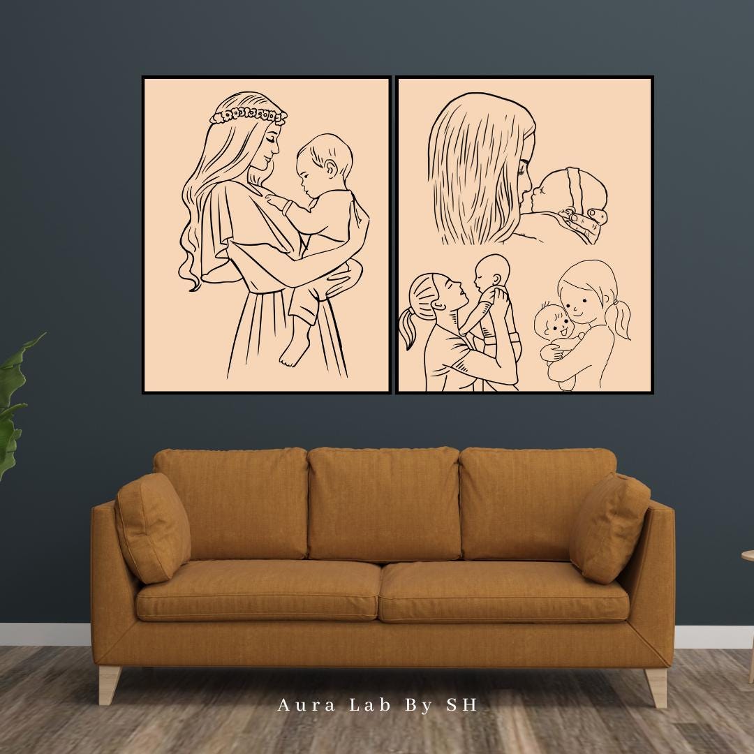 Mother and Baby Line Art Print Set, Minimalist Beige Wall Decor ...