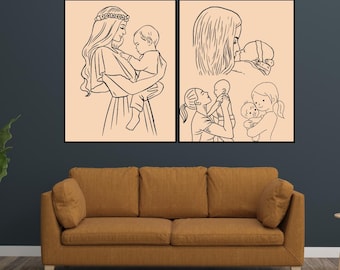 Mother and Baby Line Art Print Set | Minimalist Beige Nursery Wall Art (Digital Download)