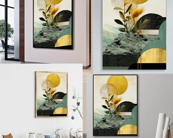 Stampa astratta Sole Dorato / Decorazione murale minimalista in stile boho (Download digitale)