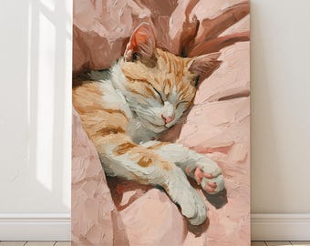 Orange & White Cat Art Print, Sleeping on Soft Bedding, Cosy Bedroom Decor | Purrfect Prints